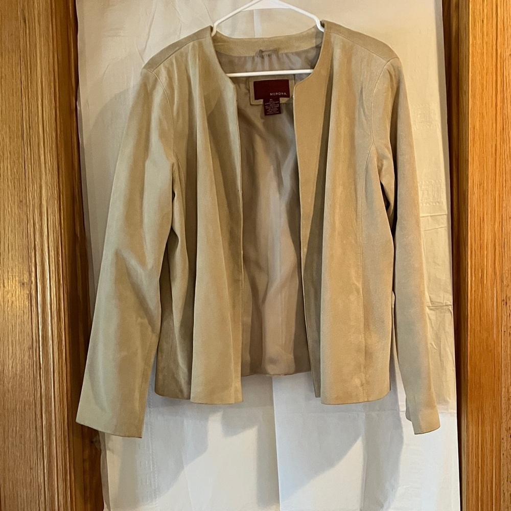 Merona Retro Women’s Collarless Longsleeve XL Lt. Tan 100% Suede Leather Jacket